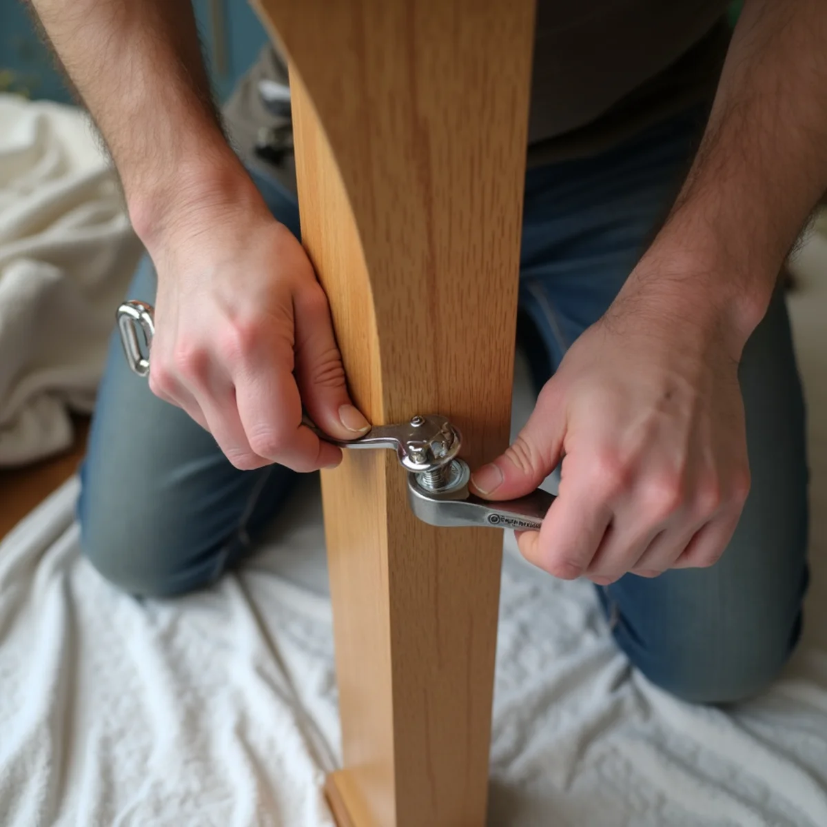 Technician tightening bolts to reassemble dining table on padded blanket